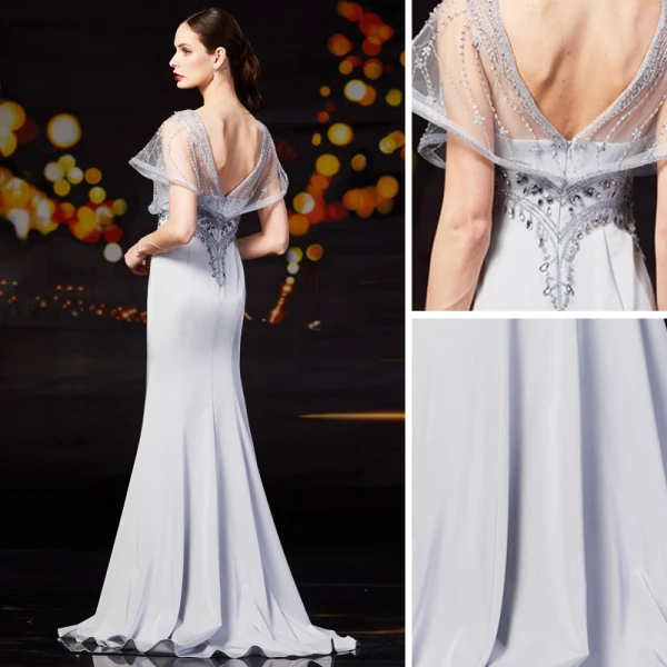 Luxe Bordeaux Robe De Soirée 2019 Princesse V-Cou Perlage Faux Diamant Cristal Perle Paillettes Manches Courtes Dos Nu Train De Balayage Robe De Ceremonie