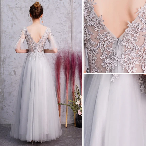 Elegant Silver Evening Dresses 2019 A-Line / Princess V-Neck Rhinestone Lace Flower 1/2 Sleeves Backless Floor-Length / Long Formal Dresses