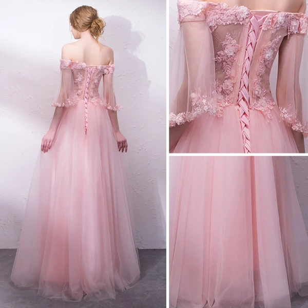 Chic / Belle Perle Rose Robe De Soirée 2018 Princesse Paillettes Appliques De l'épaule Dos Nu Manches Courtes Longue Robe De Ceremonie