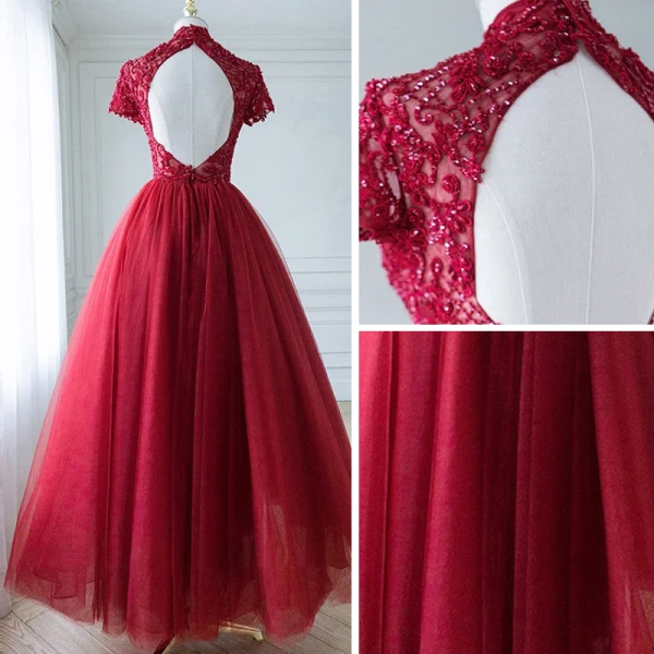 Chic / Belle Bordeaux Robe De Bal 2018 Princesse Fait main Perlage Paillettes En Dentelle Fleur Col Haut Manches Courtes Dos Nu Longueur Cheville Robe De Ceremonie
