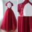 Chic / Belle Bordeaux Robe De Bal 2018 Princesse Fait main Perlage Paillettes En Dentelle Fleur Col Haut Manches Courtes Dos Nu Longueur Cheville Robe De Ceremonie