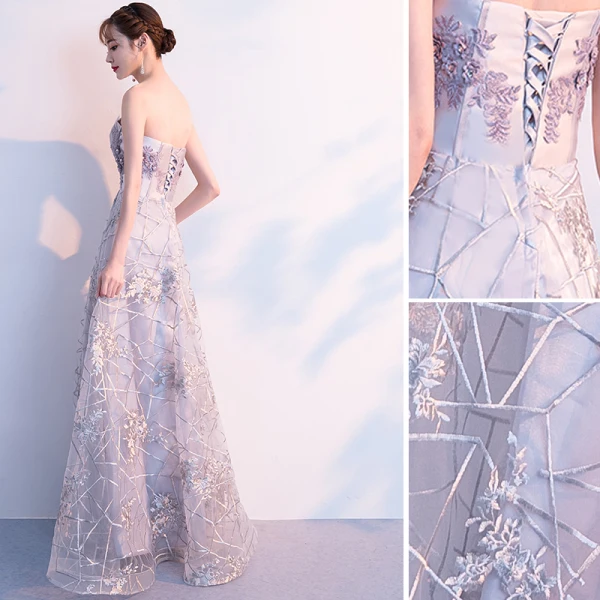 Elegante Silber Abendkleider 2019 A Linie Bandeau Strass Spitze Blumen Ärmellos Rückenfreies Lange Festliche Kleider