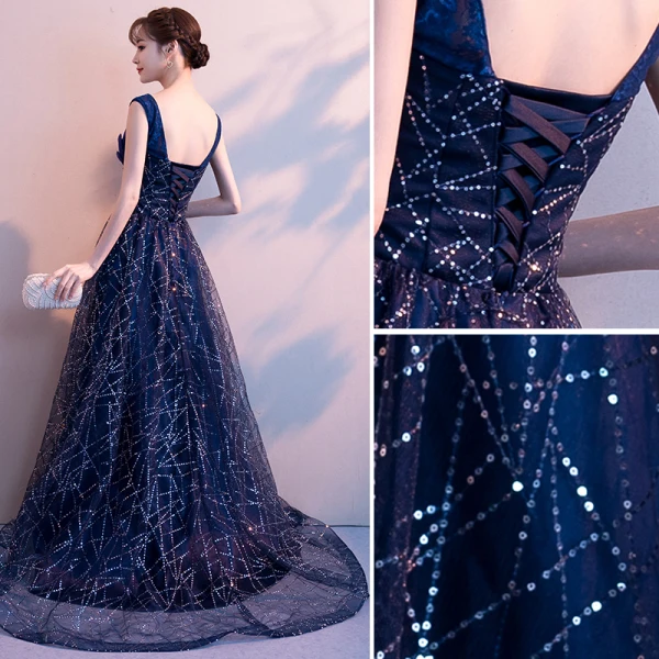 Chic / Beautiful Navy Blue Evening Dresses 2019 A-Line / Princess V-Neck Sequins Rhinestone Lace Flower Sleeveless Backless Sweep Train Formal Dresses