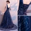 Chic / Beautiful Navy Blue Evening Dresses  2019 A-Line / Princess V-Neck Sequins Rhinestone Lace Flower Sleeveless Backless Sweep Train Formal Dresses