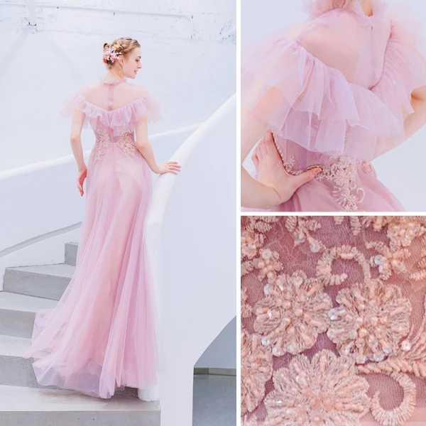 Vintage / Retro Lovely Candy Pink Evening Dresses 2019 A-Line / Princess High Neck Pearl Sequins Lace Flower Short Sleeve Floor-Length / Long Formal Dresses