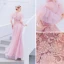 Vintage / Retro Lovely Candy Pink Evening Dresses  2019 A-Line / Princess High Neck Pearl Sequins Lace Flower Short Sleeve Floor-Length / Long Formal Dresses