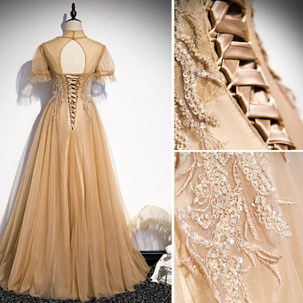 Élégant Champagne Robe De Bal 2021 Princesse Col Haut Perlage En Dentelle Paillettes Manches Courtes Dos Nu Longue Promo Robe De Ceremonie