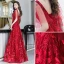 Chic / Beautiful Burgundy Evening Dresses  2019 A-Line / Princess V-Neck Beading Lace Flower Short Sleeve Backless Floor-Length / Long Formal Dresses
