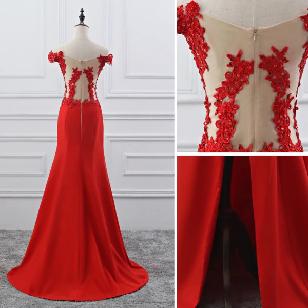Chic / Belle Bordeaux Robe De Soirée 2019 Trompette / Sirène De l'épaule Perlage Paillettes En Dentelle Fleur Manches Courtes Dos Nu Train De Balayage Fendue devant Robe De Ceremonie