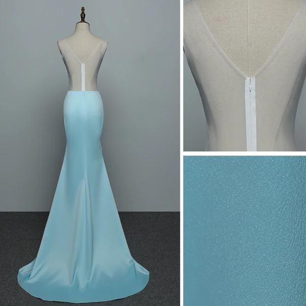 Sexy Bleu Robe De Soirée 2019 Trompette / Sirène V-Cou Faux Diamant En Dentelle Fleur Sans Manches Dos Nu Train De Balayage Robe De Ceremonie