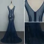 Sexy Marineblau Durchsichtige Abendkleider 2019 Meerjungfrau V-Ausschnitt Perle Strass Spitze Blumen Ärmellos Rückenfreies Sweep / Pinsel Zug Festliche Kleider