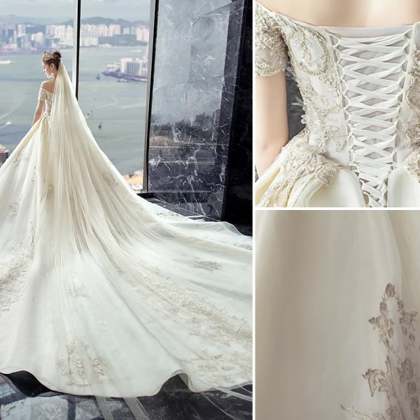 Charming Champagne Wedding Dresses 2019 A-Line / Princess Off-The-Shoulder Beading Sequins Lace Flower Short Sleeve Backless Royal Train