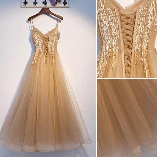 Élégant Champagne Robe De Soirée 2019 Princesse Bretelles Spaghetti Perlage Faux Diamant En Dentelle Fleur Sans Manches Dos Nu Longue Robe De Ceremonie