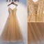 Élégant Champagne Robe De Soirée 2019 Princesse Bretelles Spaghetti Perlage Faux Diamant En Dentelle Fleur Sans Manches Dos Nu Longue Robe De Ceremonie