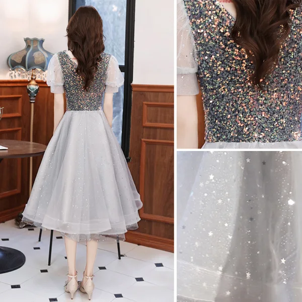 Charming Grey Star Sequins Party Dresses 2021 A-Line / Princess V-Neck Short Sleeve Tea-length Cocktail Party Evening Party Formal Dresses