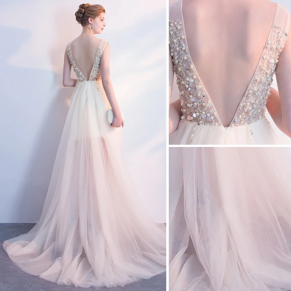 Luxe Champagne Robe De Bal 2018 Princesse Fait main Perlage Perle Paillettes V-Cou Dos Nu Sans Manches Train De Balayage Robe De Ceremonie