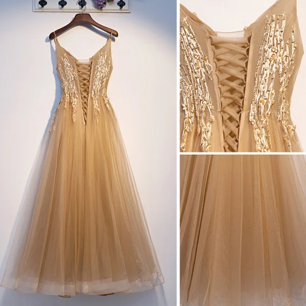 Élégant Champagne Robe De Soirée 2019 Princesse Bretelles Spaghetti Perlage Paillettes En Dentelle Fleur Sans Manches Dos Nu Longue Robe De Ceremonie