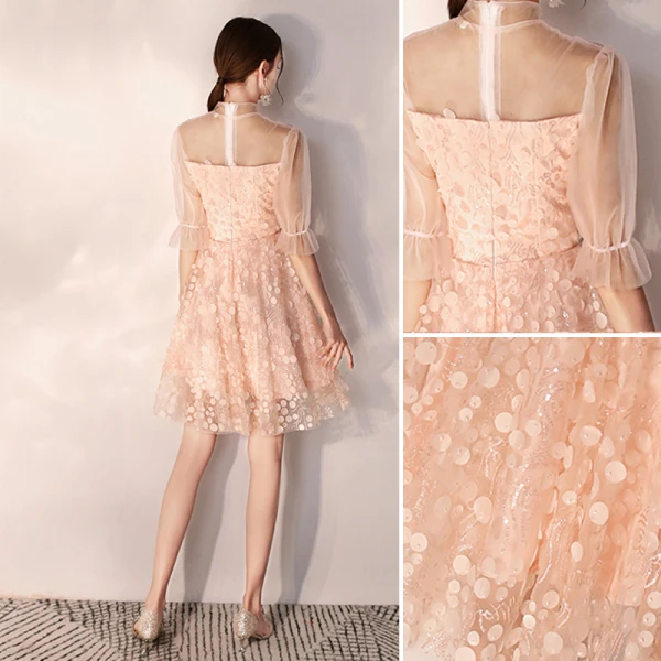 Modern / Fashion Pearl Pink Homecoming Graduation Dresses 2019 A-Line / Princess High Neck Appliques Sequins 1/2 Sleeves Knee-Length Formal Dresses