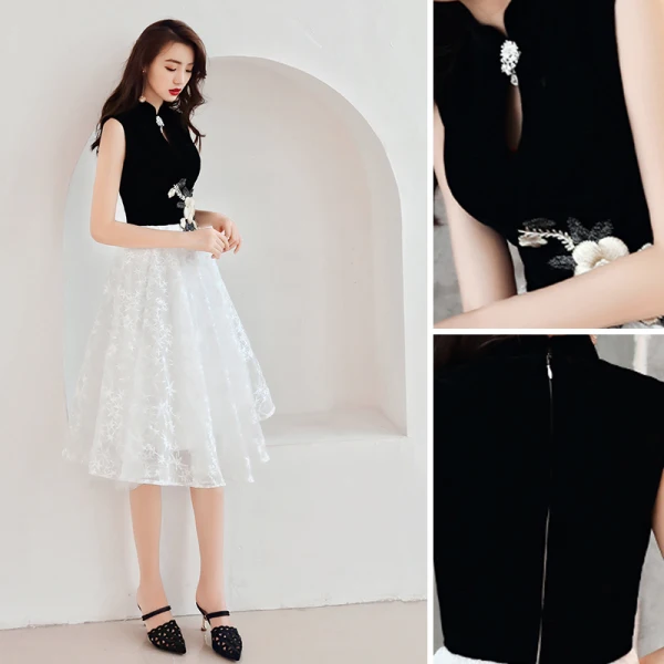 Chinese style Black Homecoming Graduation Dresses 2019 A-Line / Princess High Neck Lace Flower Star Short Sleeve Tea-length Formal Dresses