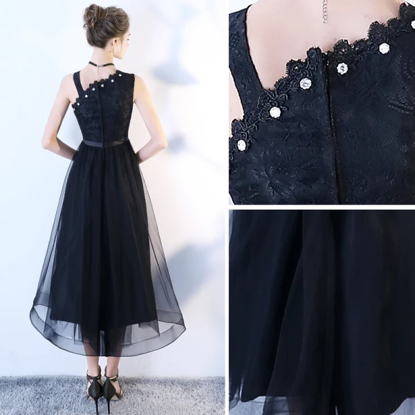 Chic / Beautiful Black Homecoming Graduation Dresses 2018 A-Line / Princess Rhinestone Bow One-Shoulder Backless Sleeveless Tea-length Formal Dresses