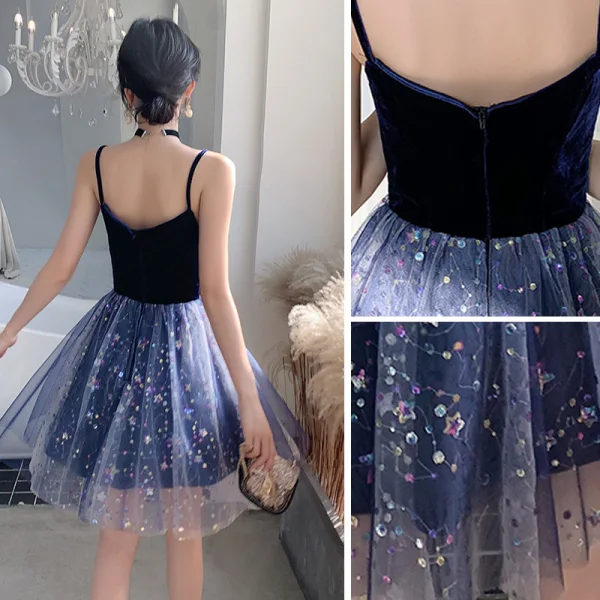 Sexy Bleu Marine Daim Robe De Fete 2021 Princesse Bretelles Spaghetti Étoile Paillettes Sans Manches Dos Nu Courte Cocktail Soirée Robe De Ceremonie