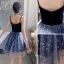 Sexy Bleu Marine Daim Robe De Fete 2021 Princesse Bretelles Spaghetti Étoile Paillettes Sans Manches Dos Nu Courte Cocktail Soirée Robe De Ceremonie