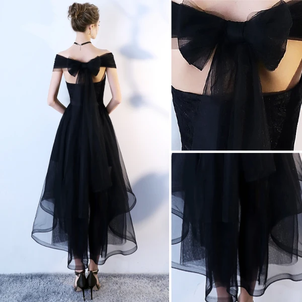 Schöne Schwarz Heimkehr Abiballkleider 2018 A Linie Schleife Off Shoulder Rückenfreies Ärmellos Asymmetrisch Festliche Kleider