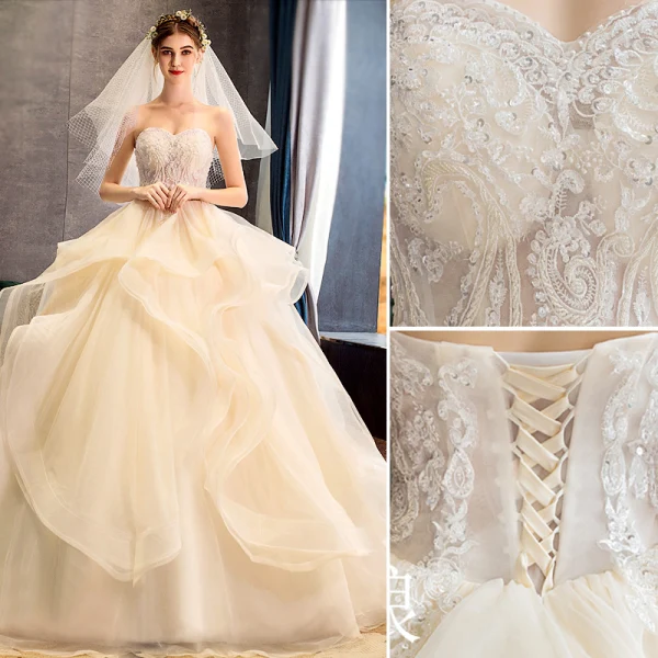 Luksus Champagne Brudekjoler 2019 Ballkjole Kjæreste Beading Paljetter Blonder Blomst Uten Ermer Ryggløse Gripende Ruffles Chapel Train