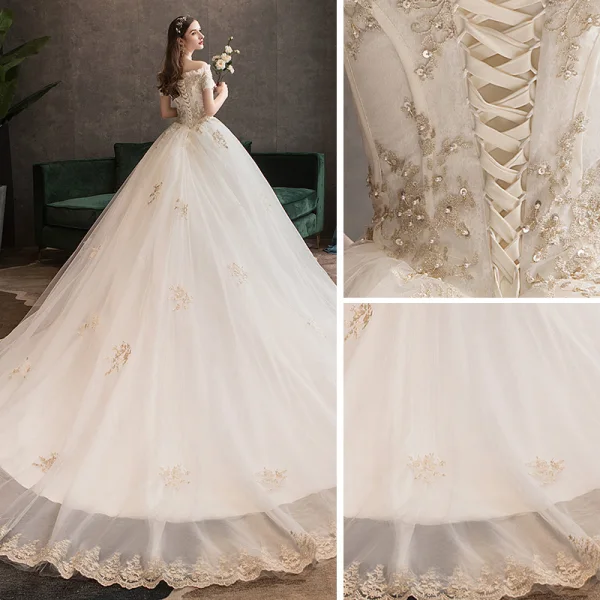 Élégant Champagne Robe De Mariée 2019 Princesse De l'épaule Perle Paillettes En Dentelle Fleur Manches Courtes Chapel Train