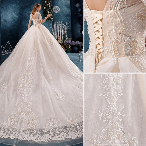 Classy Ivory Wedding Dresses 2019 A-Line / Princess Scoop Neck Beading Sequins Pearl Lace Flower Short Sleeve Backless Cathedral Train