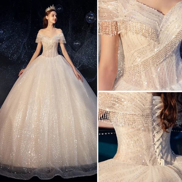 Fabulous Champagne Wedding Dresses 2019 Ball Gown Off-The-Shoulder Sequins Beading Tassel Short Sleeve Backless Royal Train