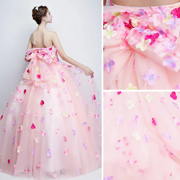 Chic / Beautiful Flower Fairy Candy Pink Prom Dresses 2019 A-Line / Princess Strapless Appliques Sleeveless Backless Bow Floor-Length / Long Formal Dresses