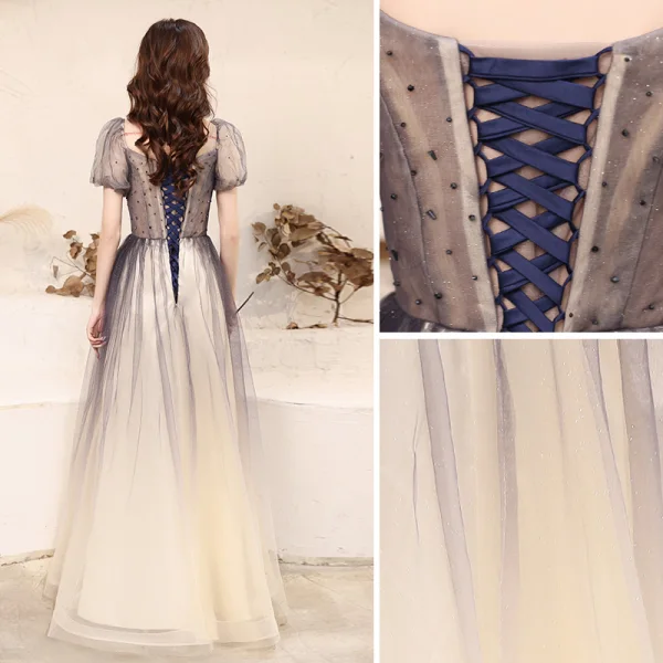 Elegant Navy Blue Glitter Prom Dresses 2021 A-Line / Princess Square Neckline Beading Crystal Short Sleeve Backless Floor-Length / Long Prom Formal Dresses