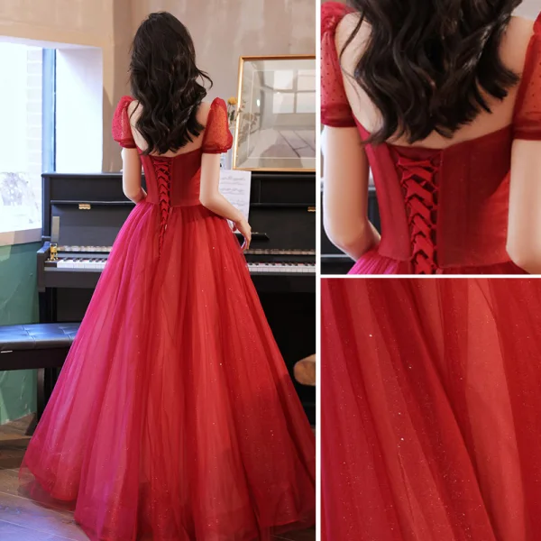 Mode Rouge Robe De Bal 2021 Princesse Encolure Dégagée Perlage Cristal Paillettes Manches Courtes Dos Nu Longue Promo Robe De Ceremonie