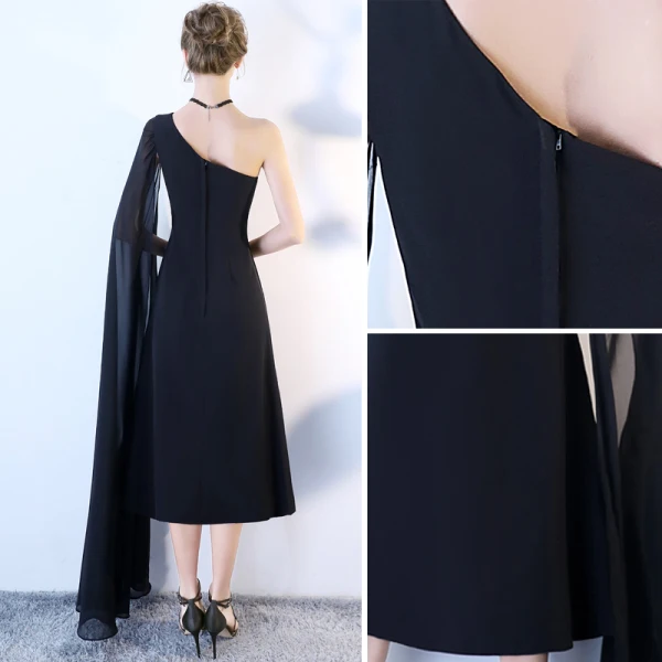 Chic / Belle Noire de retour Robe De Graduation 2018 Princesse Une épaule Avec Châle Dos Nu Sans Manches Thé Longueur Robe De Ceremonie