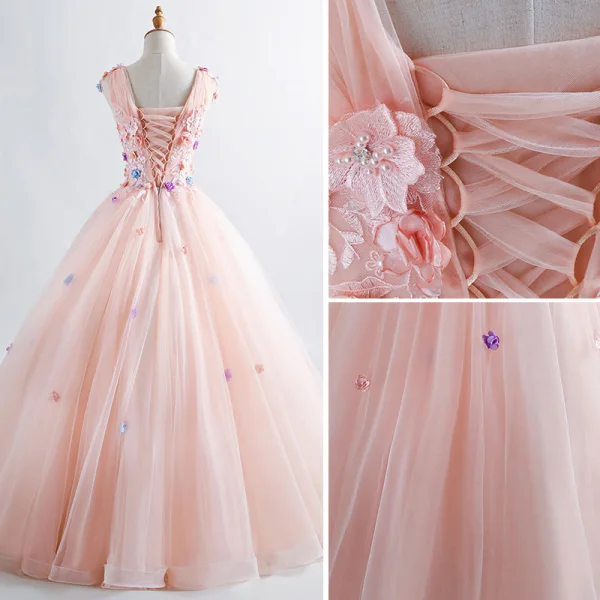 Elegant Pearl Pink Prom Dresses 2019 A-Line / Princess V-Neck Appliques Pearl Lace Flower Sleeveless Backless Floor-Length / Long Formal Dresses