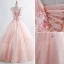 Elegant Pearl Pink Prom Dresses 2019 A-Line / Princess V-Neck Appliques Pearl Lace Flower Sleeveless Backless Floor-Length / Long Formal Dresses