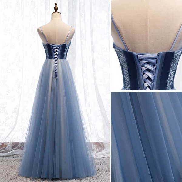 Chic / Belle Océan Bleu Robe De Soirée 2019 Princesse Bretelles Spaghetti Daim Perlage Cristal Sans Manches Dos Nu Longue Robe De Ceremonie