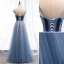 Chic / Belle Océan Bleu Robe De Soirée 2019 Princesse Bretelles Spaghetti Daim Perlage Cristal Sans Manches Dos Nu Longue Robe De Ceremonie
