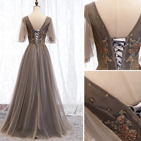 Elegant Brown Evening Dresses 2019 A-Line / Princess V-Neck Beading Rhinestone Sequins Lace Flower Short Sleeve Backless Floor-Length / Long Formal Dresses