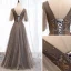 Elegant Brown Evening Dresses  2019 A-Line / Princess V-Neck Beading Rhinestone Sequins Lace Flower Short Sleeve Backless Floor-Length / Long Formal Dresses