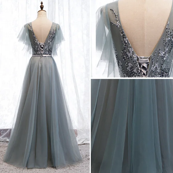 Elegant Grey Evening Dresses  2019 A-Line / Princess V-Neck Beading Sequins Lace Flower Sash Short Sleeve Backless Floor-Length / Long Formal Dresses