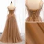 Modern / Fashion Brown Evening Dresses  2019 A-Line / Princess Spaghetti Straps Beading Sequins Lace Flower Sleeveless Backless Floor-Length / Long Formal Dresses