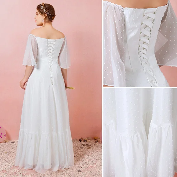 Modest / Simple White Plus Size Wedding Dresses 2021 A-Line / Princess Off-The-Shoulder 1/2 Sleeves Backless Floor-Length / Long Wedding