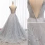 Uroczy Szary Sukienki Wieczorowe 2019 Princessa Wycięciem Frezowanie Cekiny Bez Rękawów Bez Pleców Trenem Sweep Sukienki Wizytowe