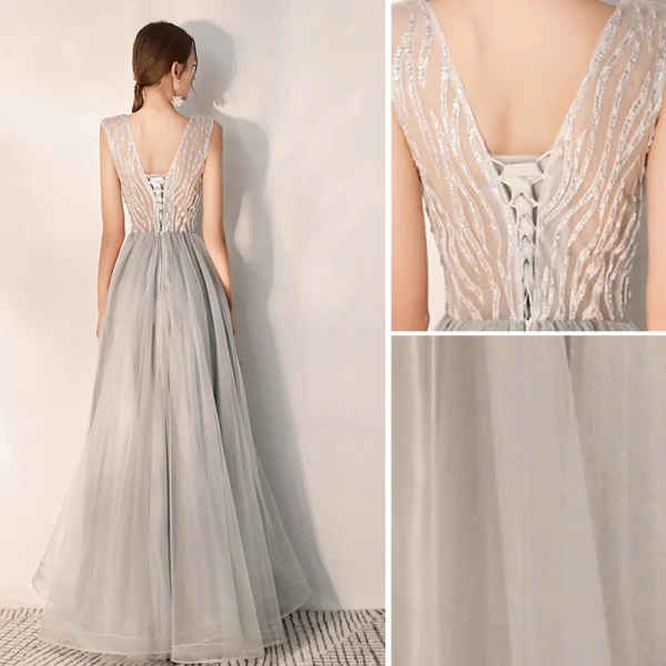 Classy Grey Evening Dresses 2019 A-Line / Princess V-Neck Beading Sleeveless Backless Floor-Length / Long Formal Dresses