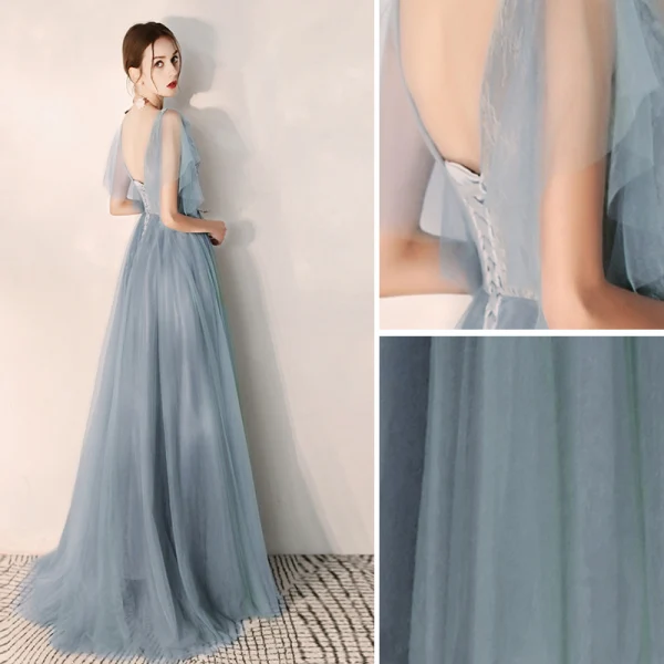 Elegant Sky Blue Evening Dresses  2019 A-Line / Princess V-Neck Beading Lace Flower Short Sleeve Backless Floor-Length / Long Formal Dresses