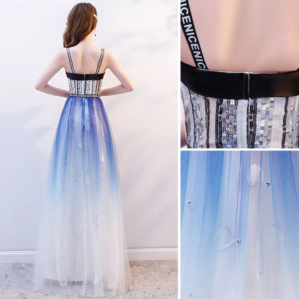 Elegante Farbverlauf Ballkleider 2019 A Linie Spaghettiträger Pailletten Ärmellos Rückenfreies Lange Festliche Kleider