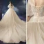 Charmant Champagne Robe De Mariée 2019 Princesse Encolure Dégagée En Dentelle Fleur Perlage Paillettes 1/2 Manches Dos Nu Cathedral Train Mariage