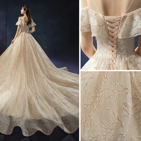Charmant Champagne Robe De Mariée 2019 Princesse Encolure Dégagée Paillettes En Dentelle Fleur Sans Manches Dos Nu Cathedral Train